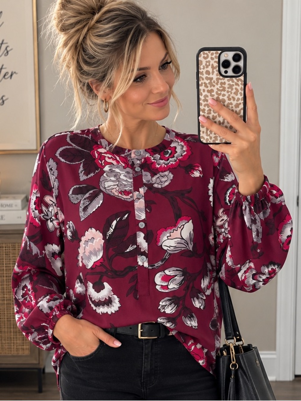 Loft Burgundy Floral Long Sleeve Blouse